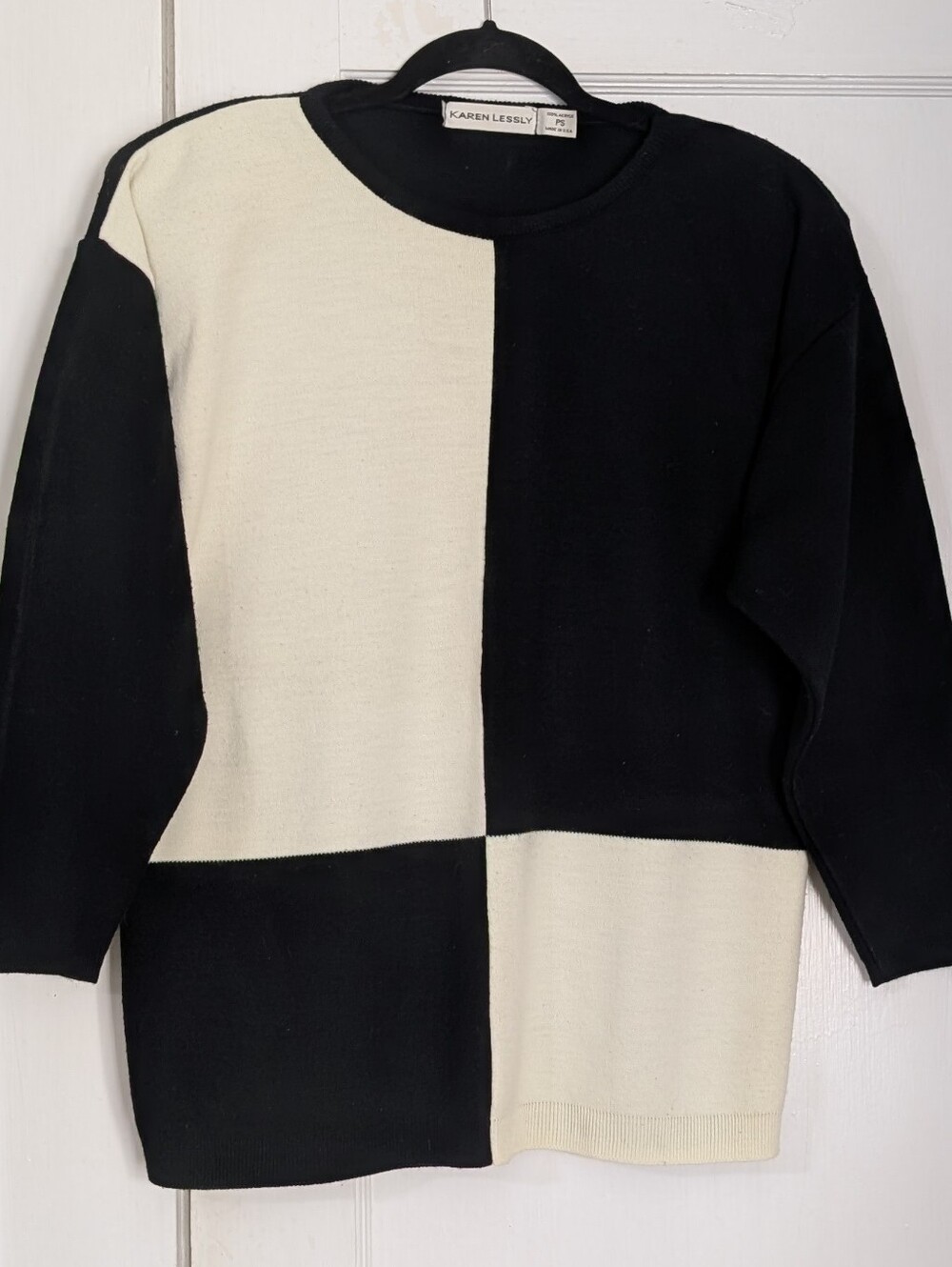 Vintage Karen Lessly PS Black Ivory Colorblock Sweater Mod Geometric Made USA